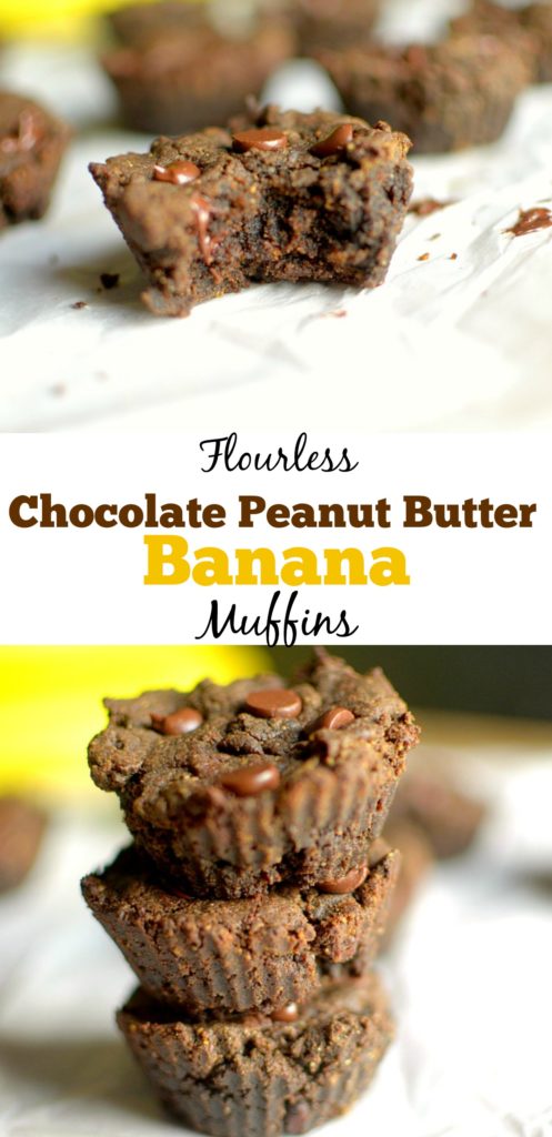  Flourless Chocolate Peanut Butter Banana Muffins are a healthy and delicious breakfast or snack made with 6 ingredients! gluten-free with paleo and vegan options!