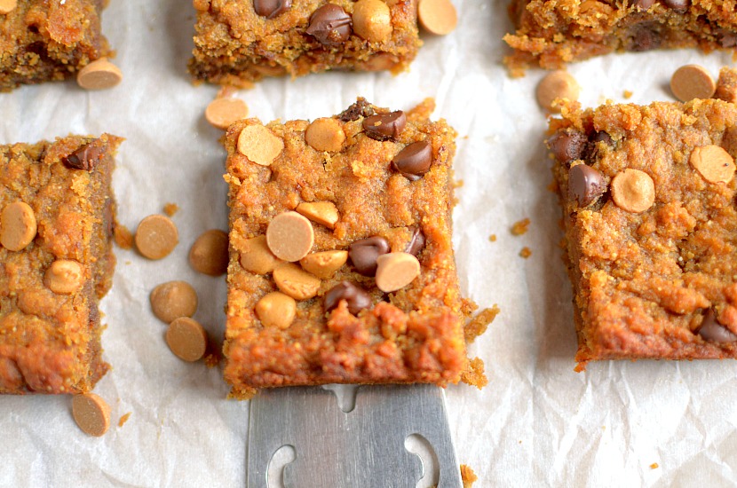 Flourless Peanut Butter Banana Blondies are so gooey and delicious! You would never know that they are good for you! Also gluten-free, vegan with a paleo option!