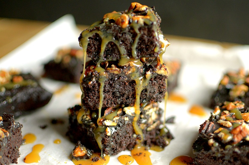 These Flourless Turtle Brownies will be your next go-to brownie recipe!  Super simple to make plus gluten-free, grain-free, dairy-free, paleo with a vegan option!