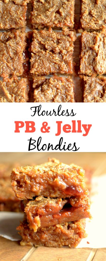 Flourless Peanut Butter & Jelly Blondies are so gooey and delicious! You would never know that they are good for you! Also gluten-free, vegan with a paleo option!