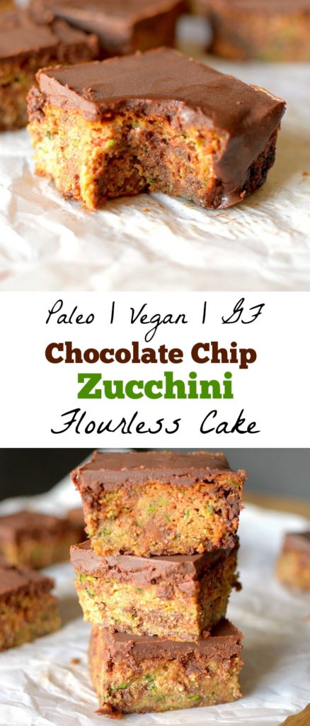 Satisfy your dessert cravings with this Paleo Flourless Chocolate Chip Zucchini Cake with Dark Chocolate Frosting.  You won’t believe that it’s flour-less and made with only 7 ingredients!  Also with a vegan option!
