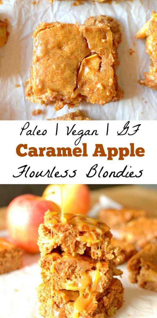 Flourless Caramel Apple Blondies are so gooey and delicious! You would never know that they are good for you! Also gluten-free,  with vegan and paleo options!