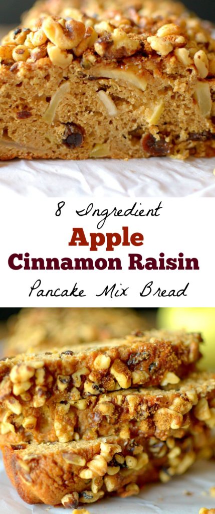 Healthy Pancake Mix Apple Cinnamon Raisin Bread will be your new favorite quick bread! It's studded with cinnamon apples and raisins and only 8 ingredients!  Vegan + GF options