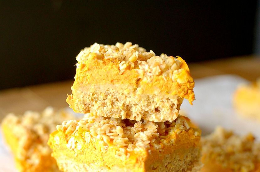 In need of a healthy dessert?  Make these Pumpkin Pie Oatmeal Crumble Bars!  They're delicious and gluten-free + vegan friendly!