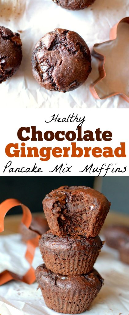These Chocolate Gingerbread Pancake Mix Muffins are a great healthy breakfast or snack during the holiday season!  Vegan + gluten-free friendly!