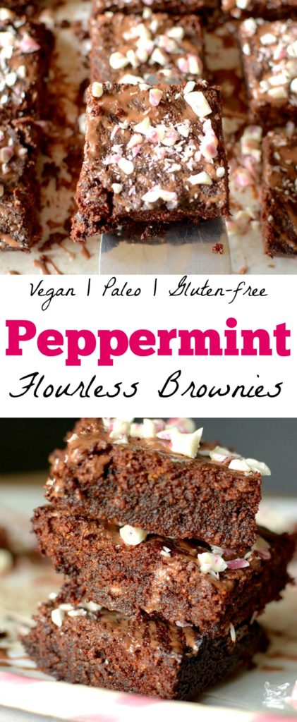 These Flourless Peppermint Brownies will be your next go-to holiday brownie recipe!  Super simple to make plus gluten-free, grain-free, dairy-free, paleo with a vegan option!
