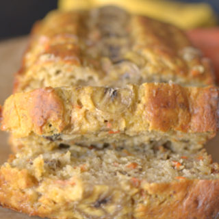 Healthy Pancake Mix Carrot Cake Banana Bread will be your new favorite quick bread! It’s studded with raisins, white chocolate chips and walnuts and only 9 ingredients! Vegan + GF options﻿