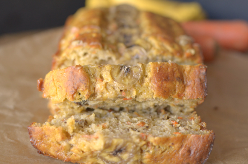 Healthy Pancake Mix Carrot Cake Banana Bread will be your new favorite quick bread! It’s studded with raisins, white chocolate chips and walnuts and only 9 ingredients!  Vegan + GF options﻿
