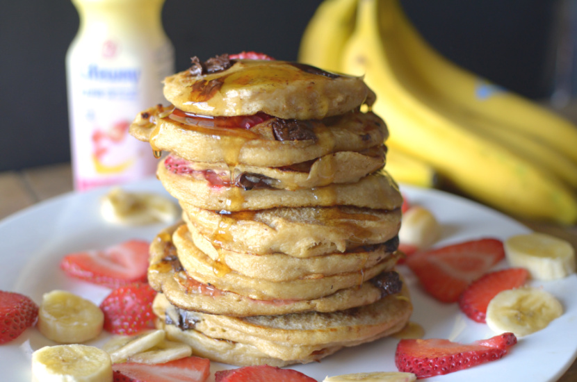 Get a healthy start to your day with these Strawberry Banana Oatmeal Pancakes! They’re made in the blender, sweet and filling and packed with protein!