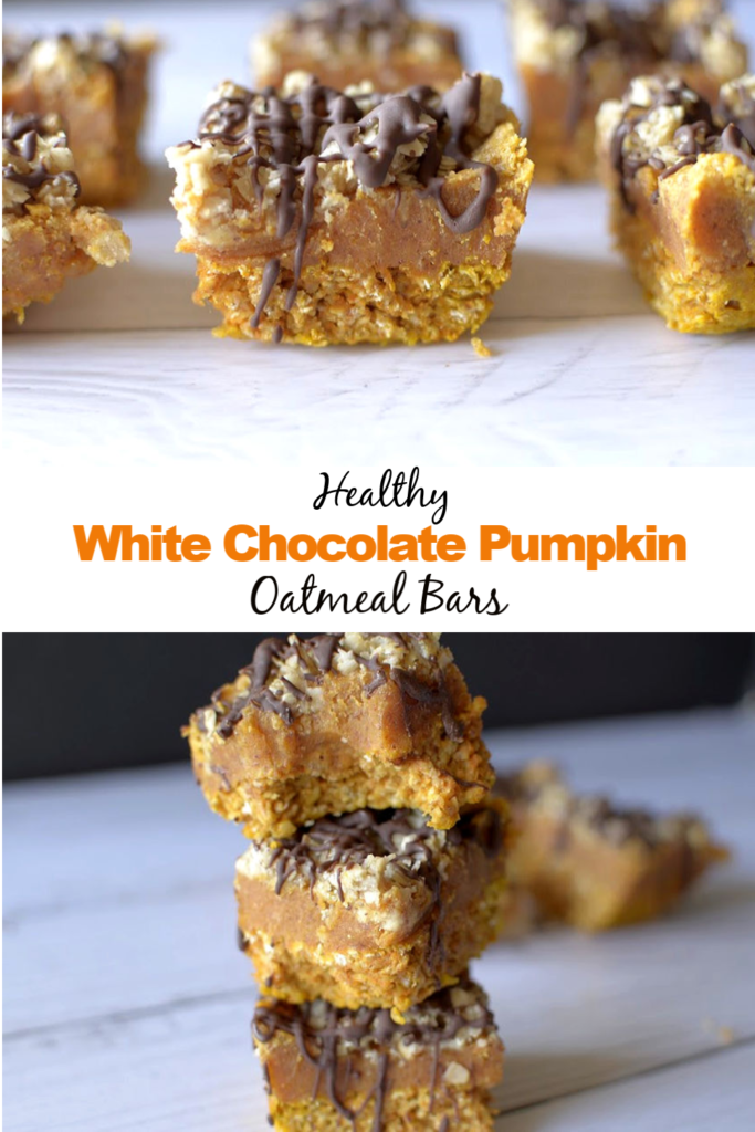 These White Chocolate Pumpkin Oatmeal Bars are a delicious and nutritious breakfast, snack or dessert!  They’re also gluten-free + vegan friendly!