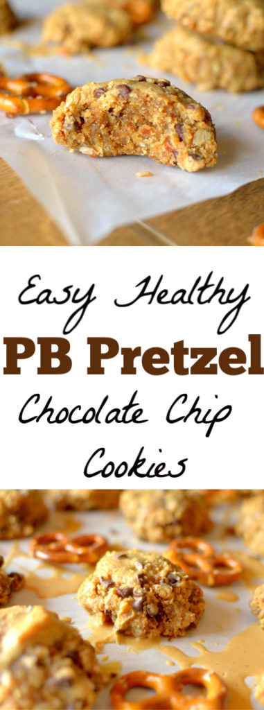 Craving sweet and salty?  Make these healthy Peanut Butter Pretzel Chocolate Chip Cookies!  They are easy to make, only 6 ingredients and can be made vegan + gluten-free!