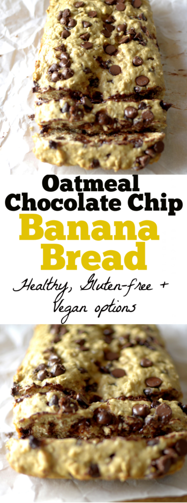 This Oatmeal Chocolate Chip Banana Bread will be your new favorite healthy quick bread! Made with wholesome ingredients and also has gluten-free and vegan options!